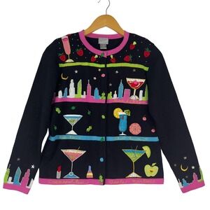 Berek Cardigan Sweater Small S Black Embroidery Margarita City Artsy Retro‎ NWT